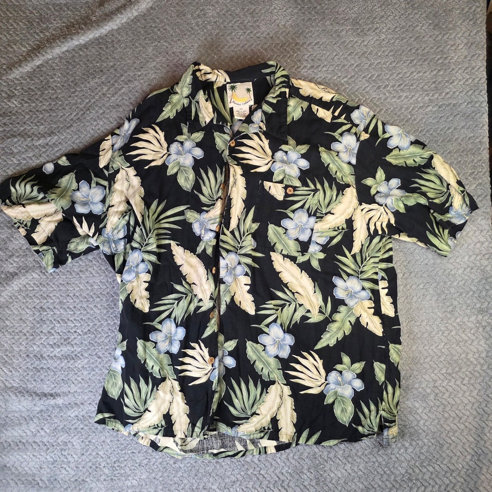 Banana Cabana Mens XXL Silk Hawaiian Shirt Black Tropical Floral Camp F0100